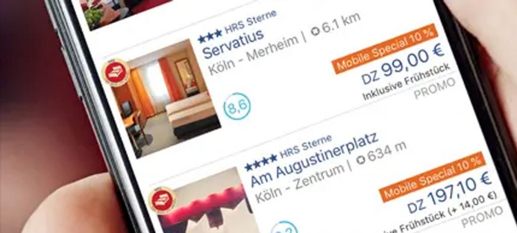 Die HRS App geöffnet auf einem Smartphone.
